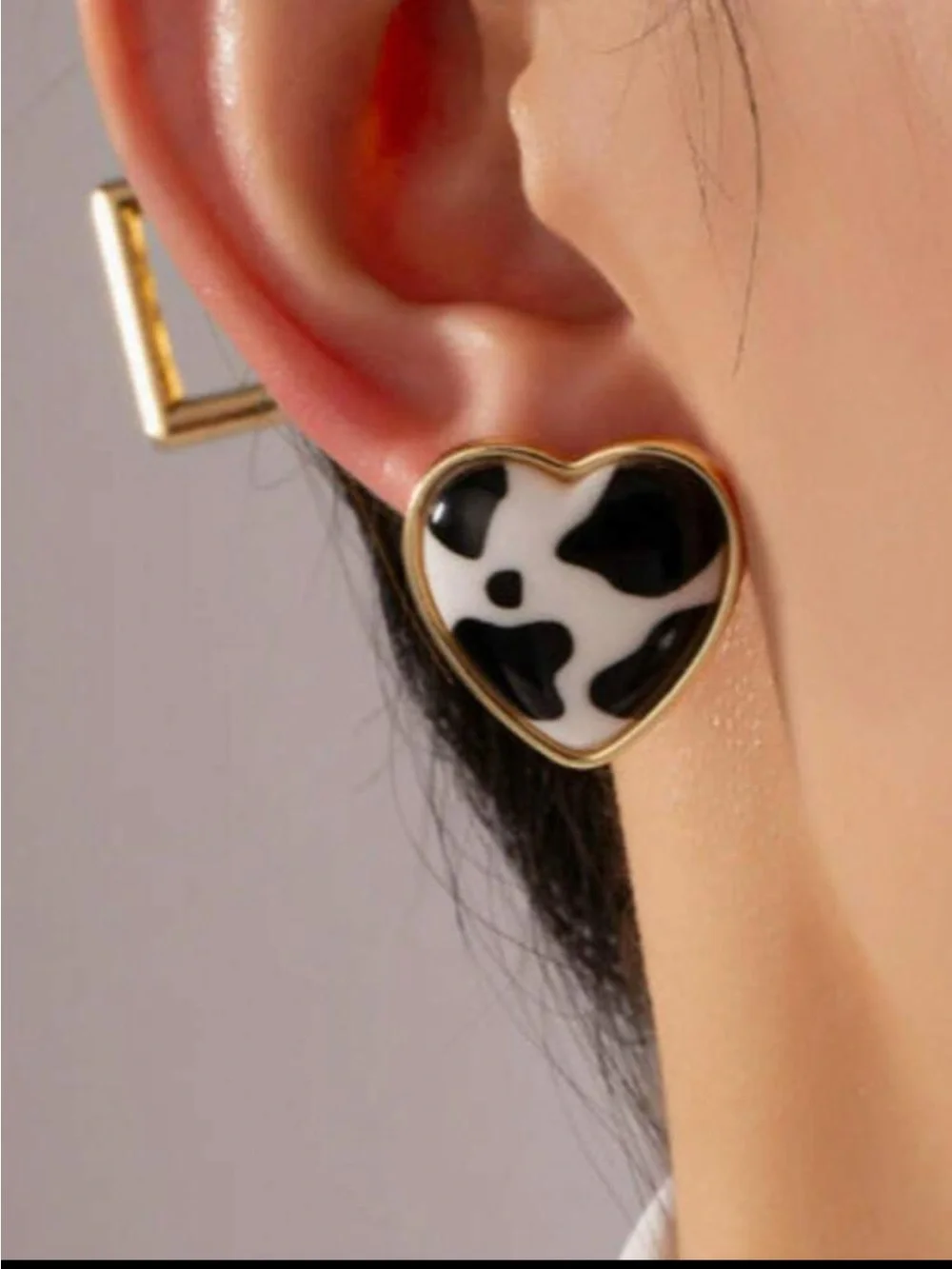 Heart Shaped Black & White Cow Print Stud Earrings